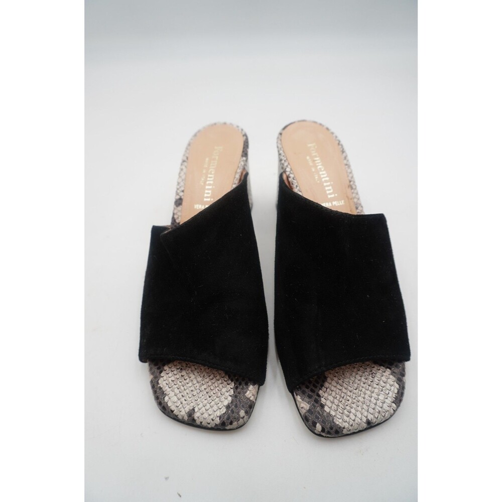 Formentini Italy Black Suede & Snakeskin Print Square Toe Block Sandals Size 38